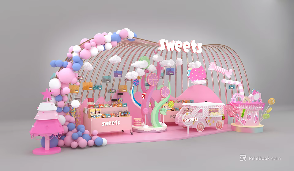 Commercial Equipment For Pink Sweets Stall With Balloon Arch Candy Tree And Dessert Cart 3d model 