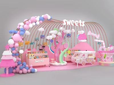 Commercial Equipment For Pink Sweets Stall With Balloon Arch Candy Tree And Dessert Cart 3d model