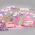 Commercial Equipment For Pink Sweets Stall With Balloon Arch Candy Tree And Dessert Cart
