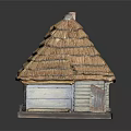 Cartoon Scene Of Small House With Thatched Roof Striped Walls Multiple Windows And Doors