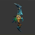Blue Decorative Weapon With Golden Accents Green Feather And Braided Rope Design