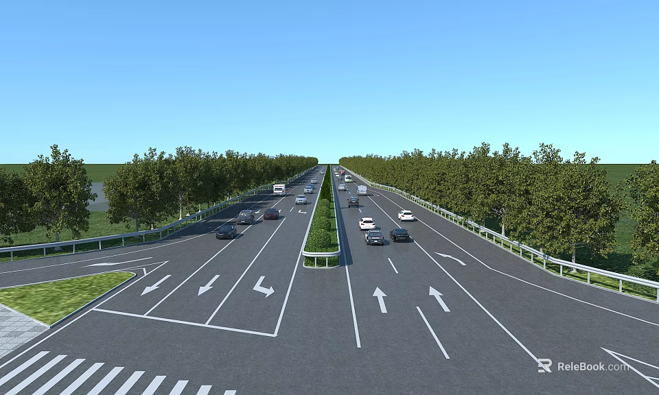 Modern Road Infrastructure Featuring Multi Lane Highway Directional Arrows Green Belt Trees And Vehicles 3d model 