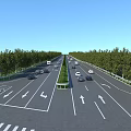 Modern Road Infrastructure Featuring Multi Lane Highway Directional Arrows Green Belt Trees And Vehicles