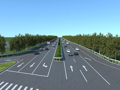 Modern Road Infrastructure Featuring Multi Lane Highway Directional Arrows Green Belt Trees And Vehicles 3d model