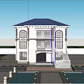 Two Story Detached Villa With White Exterior Blue Roof Front Balcony Staircase And Mountain View