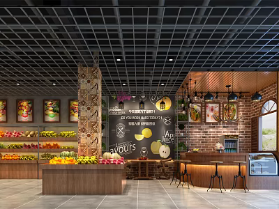 Modern Fruit Store Interior Design With Fresh Fruit Displays And Wooden Counters 3d model