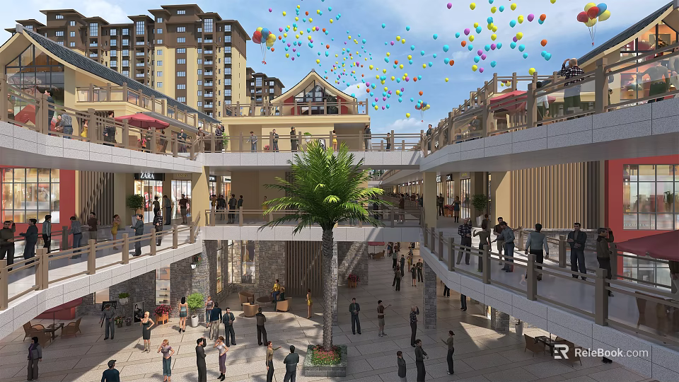 Vibrant Commercial Street With Multi Story Buildings Central Palm Tree Crowded People And Colorful Balloons 3d model 