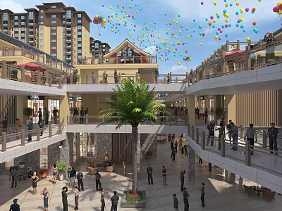 Vibrant Commercial Street With Multi Story Buildings Central Palm Tree Crowded People And Colorful Balloons 3d model