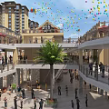 Vibrant Commercial Street With Multi Story Buildings Central Palm Tree Crowded People And Colorful Balloons