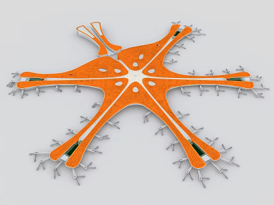 Aerial Planning Of Star Shaped Layout With Orange Main Body Green Areas And Central Core 3d model