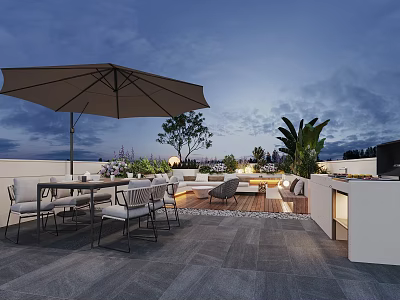 Cozy Roof Garden Outdoor Living Space With Umbrella Dining Table Seating Grill And Greenery 3d model