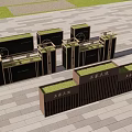 Outdoor Modern Flower Boxes With Various Greenery And White Flowers On Stone Pavement