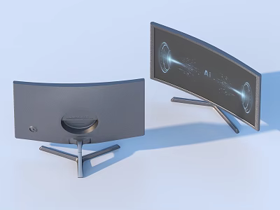 Dual Curved Computer Monitors Front Back View With AI Display Design 3d model
