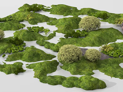 Natural Microtopography Design Featuring Green Grass Bushes Small Plants And Stones 3d model