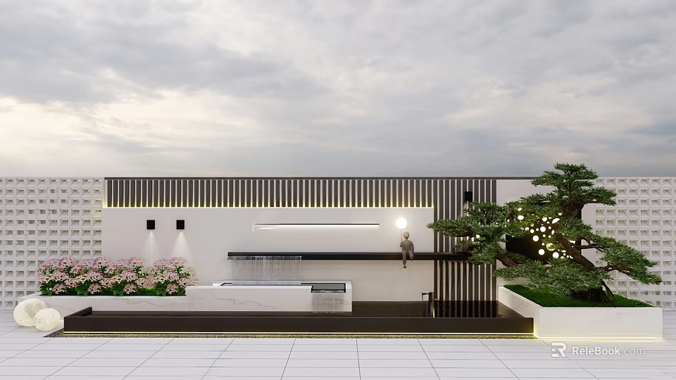 Modern Wall Decor with Striped Design Wall Lights Water Feature and Green Plants 3d model 