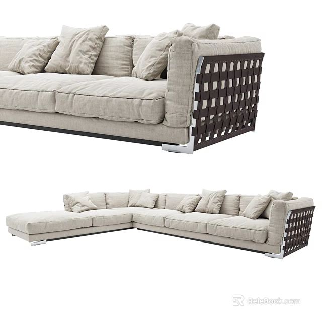 Beige L Shaped Sectional Sofa With Multiple Cushions And Woven Armrest Design 3d model
