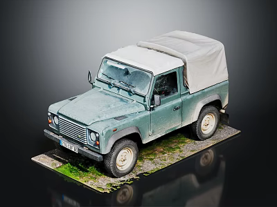 Vintage Teal Off Road Vehicle With Canvas Roof Parked On Grass Platform 3d model