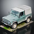 Vintage Teal Off Road Vehicle With Canvas Roof Parked On Grass Platform