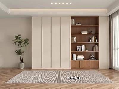 Modern Wooden Bookshelf With Books Decor In Living Room With Green Plant And Rug 3d model