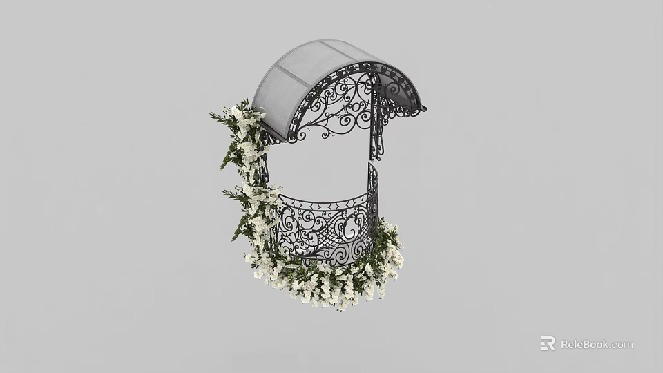 Decorative Wrought Iron Canopy With Intricate Patterns Adorned With White Flowers And Green Leaves 3d model 