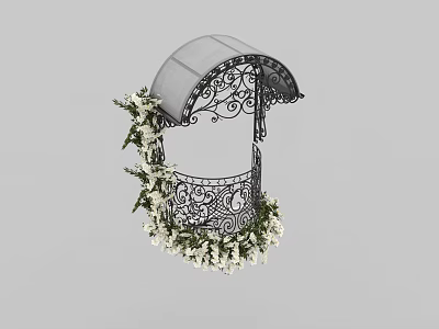 Decorative Wrought Iron Canopy With Intricate Patterns Adorned With White Flowers And Green Leaves 3d model