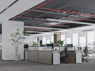 Modern Public Office Space Featuring Open Workstations Chairs Green Plants Large Windows And City View 3d model
