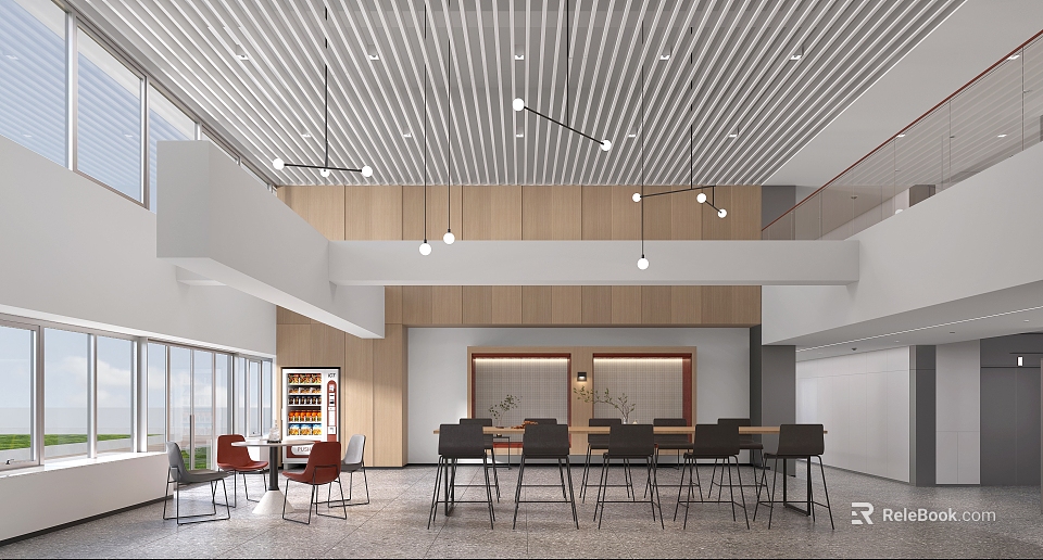 Modern Lounge Area With Wooden Walls Pendant Lights Comfortable Seating Open Space And Window View 3d model 