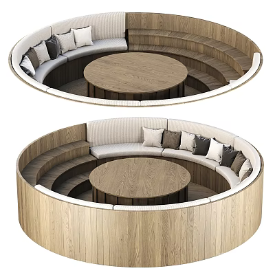 Circular Outdoor Sofa With Wooden Frame Upholstered Cushions And Matching Table 3d model