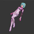 Anime Character With Blue Hair White Bodysuit Green And Black Accents On Dark Background