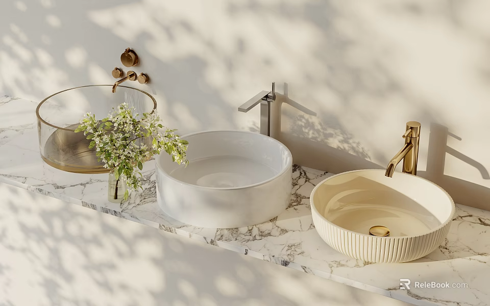 Stylish Washbasins On Marble Countertop With Silver Gold Faucets Shelf Green Plants And Sunlight Shadows 3d model 