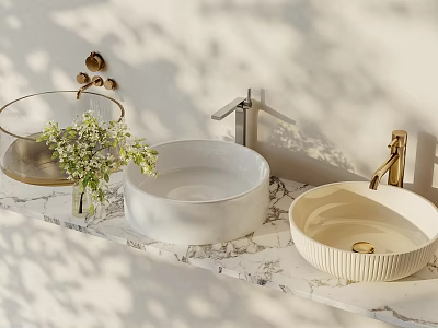 Stylish Washbasins On Marble Countertop With Silver Gold Faucets Shelf Green Plants And Sunlight Shadows 3d model