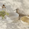 Stylish Washbasins On Marble Countertop With Silver Gold Faucets Shelf Green Plants And Sunlight Shadows