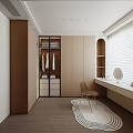 Modern Walk in Closet Design With Wooden Cabinets Dressing Table and Chair Rug Window Blinds
