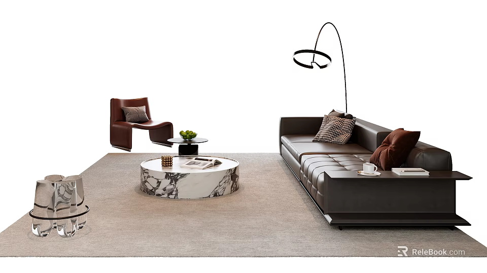 Black Leather Sofa And Round Marble Coffee Table Set With Throw Pillows On Beige Carpet 3d model