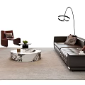 Black Leather Sofa And Round Marble Coffee Table Set With Throw Pillows On Beige Carpet 3d model