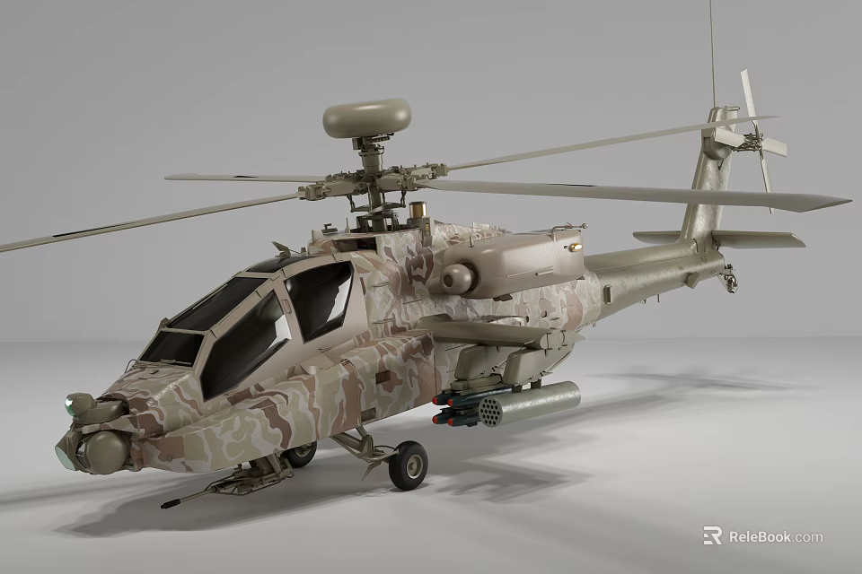 Military Attack Helicopter 3D Model With Camouflage Paint Rotors Radar And Missiles 3d model 