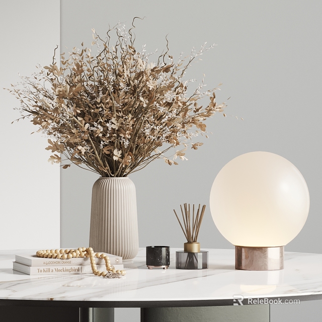 Decorative Ornament Set with Dried Flower Bouquet Ribbed Vase Round Globe Lamp and Aromatherapy Diffuser 3d model 