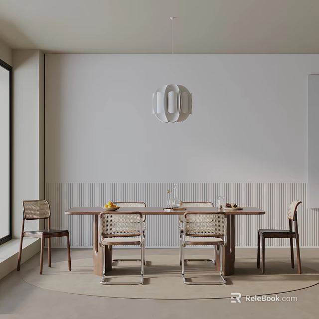 Minimalist Wooden Dining Table Set With Four Chairs Hanging Lamp And Textured Wall Panel 3d model 
