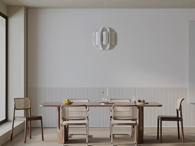 Minimalist Wooden Dining Table Set With Four Chairs Hanging Lamp And Textured Wall Panel 3d model