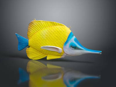 Vibrant Yellow And Blue Fish Figurine With Long Beak On Reflective Smooth Surface 3d model