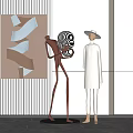 Modern Interior Featuring Abstract Sculptures Brown Figure White Hat Spiral Object And Wall Art 3d model