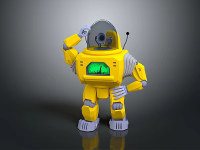 Yellow Mechanical Robot With Transparent Dome Head Green Digital Display And Gray Joint Parts 3d model