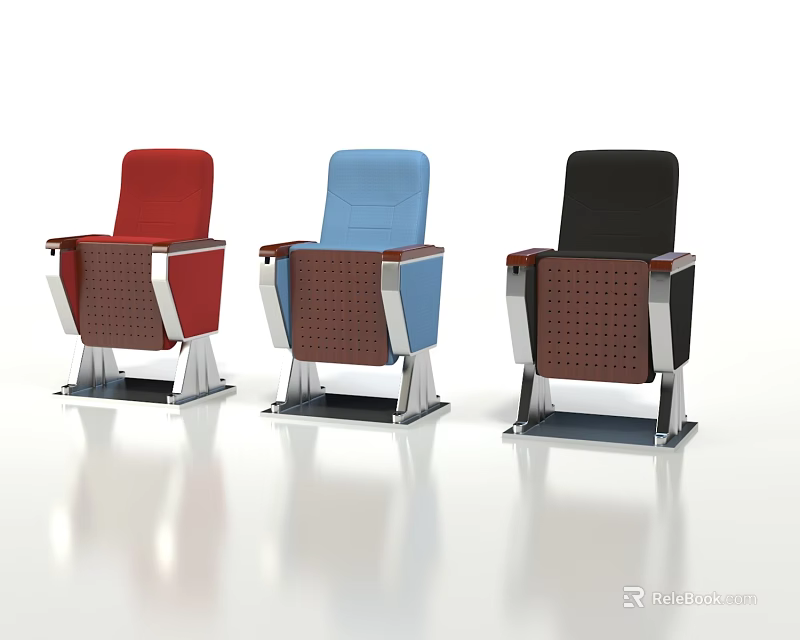 Modern Theater Seats in Red Blue Black with Metal Frames and Brown Backrests 3d model 