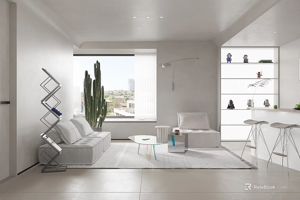 Minimalist Living Dining Room Interior With White Sofa Coffee Table Bar Stools Cactus And Window 3d model