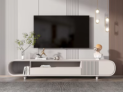 Modern Light Colored TV Cabinet with Green Plant Deer Sculpture and Hanging Lights 3d model