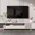 Modern Light Colored TV Cabinet with Green Plant Deer Sculpture and Hanging Lights