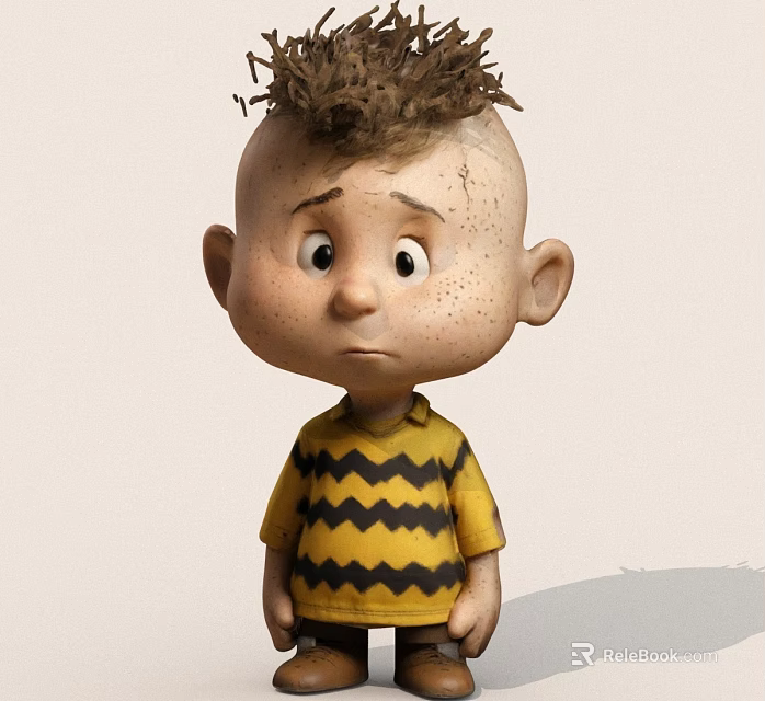 Cartoon Kid With Spiky Brown Hair Freckles Yellow Black Zigzag Shirt Confused Expression Light Background 3d model 