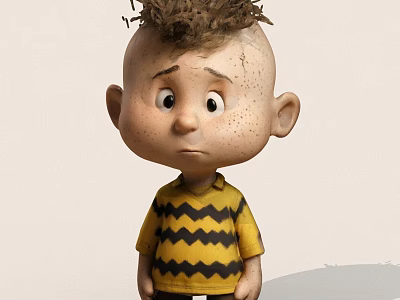 Cartoon Kid With Spiky Brown Hair Freckles Yellow Black Zigzag Shirt Confused Expression Light Background 3d model
