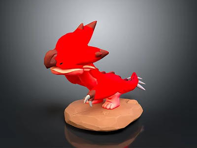 3D Character Model Of Red Dragon Creature With Horns Sharp Claws And Stone Base 3d model