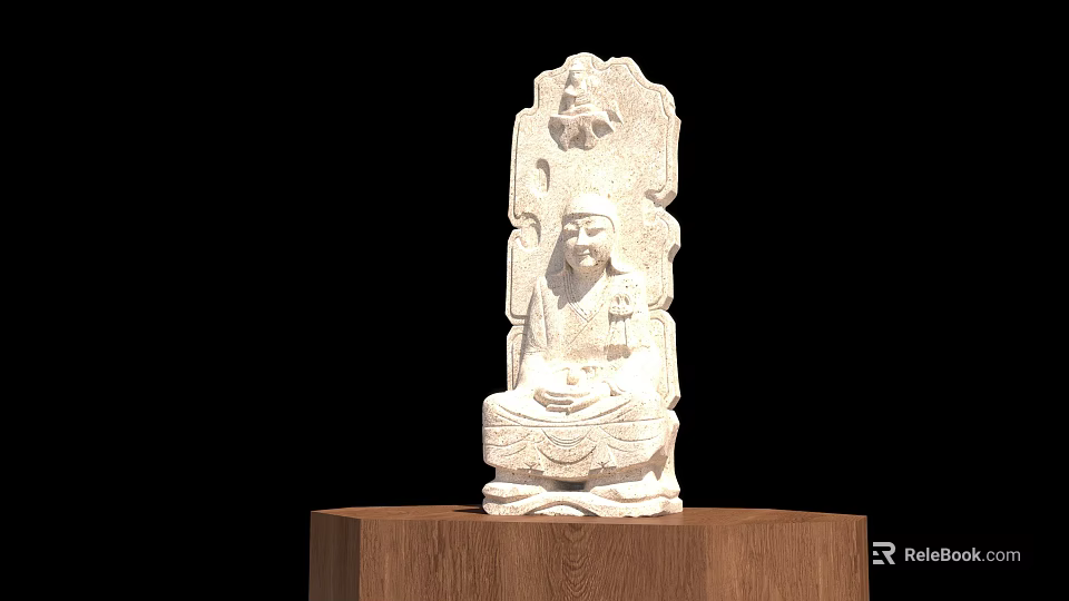 White Stone Buddha Statue Seated On Wooden Base With Intricate Carvings Against Black Background 3d model 